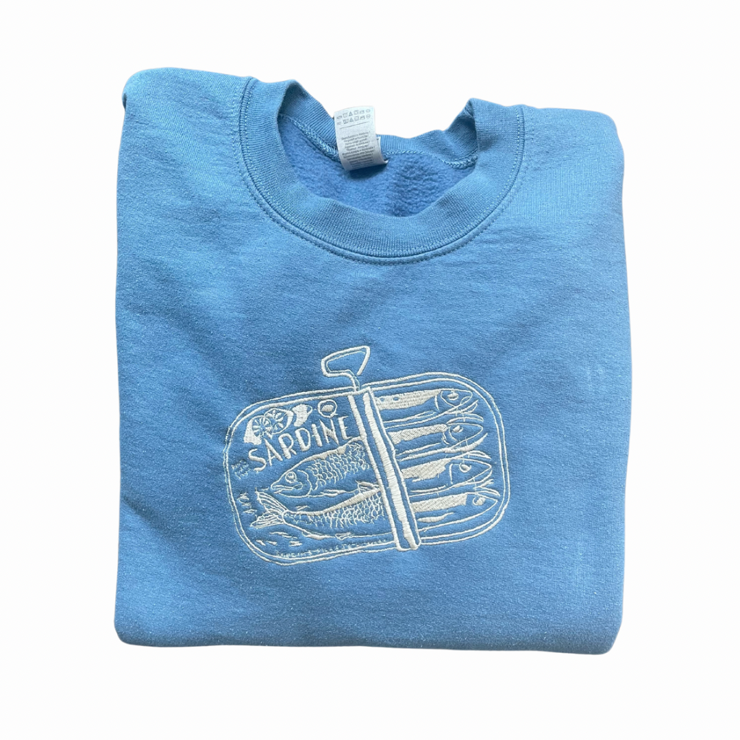 Vintage-Inspired Sardine Tin Embroidered Sweatshirt