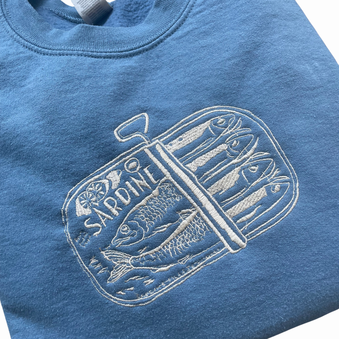 Vintage-Inspired Sardine Tin Embroidered Sweatshirt